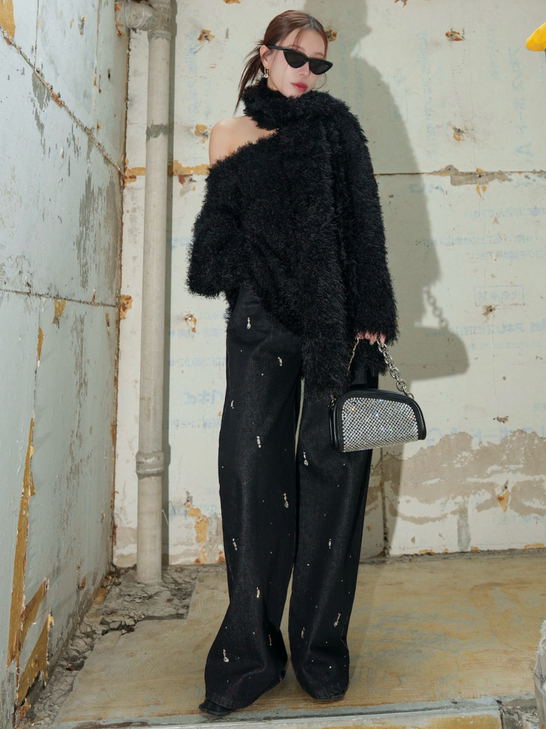 Vネック シャギーKNIT&マフラー Set