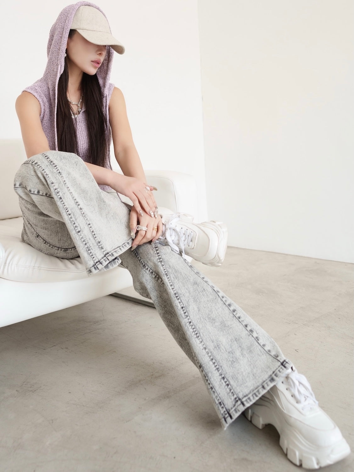 バックオープン スラブKNIT フーディー
