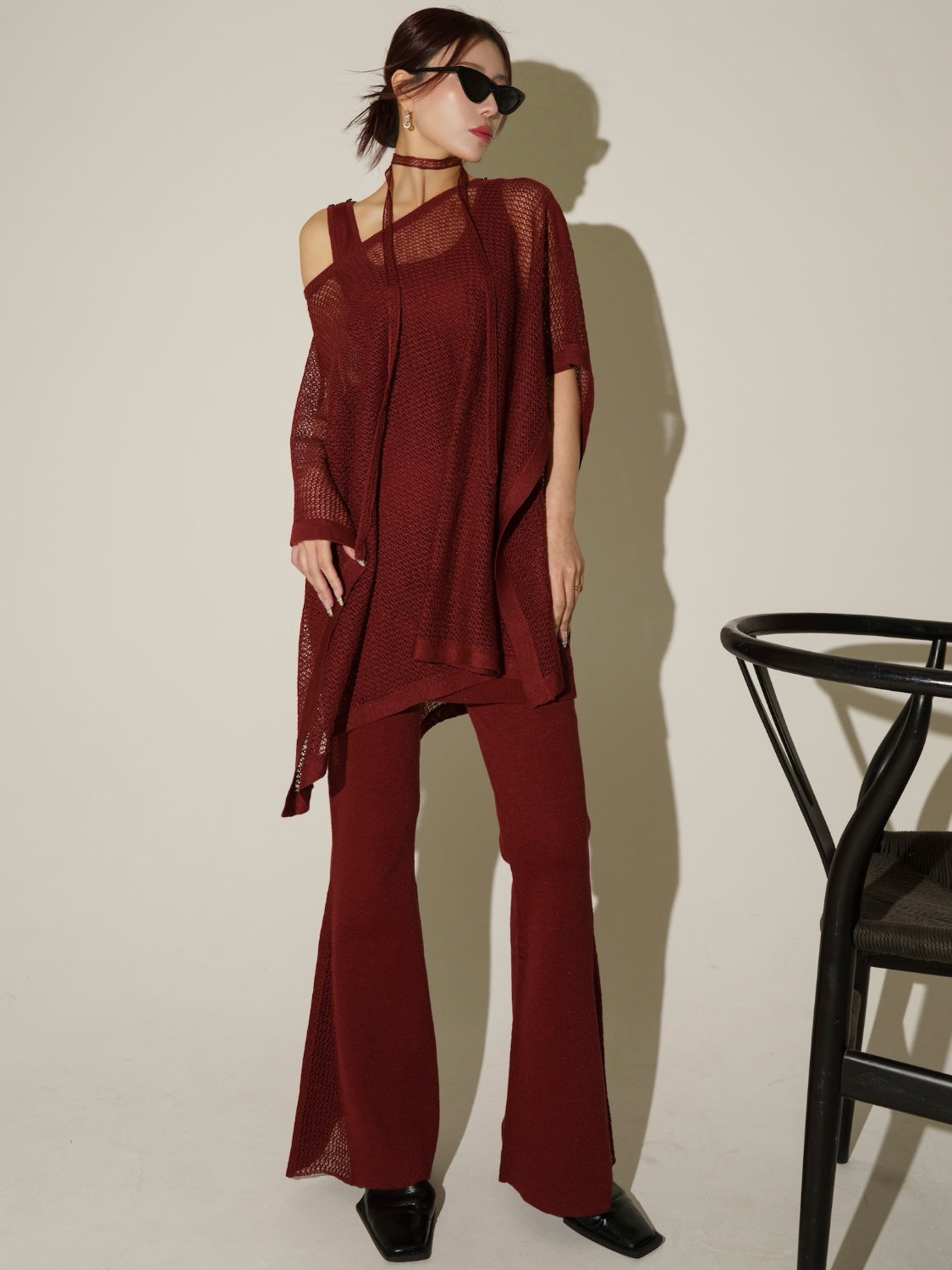 3ピース シアーメッシュ KNIT ポンチョ Set