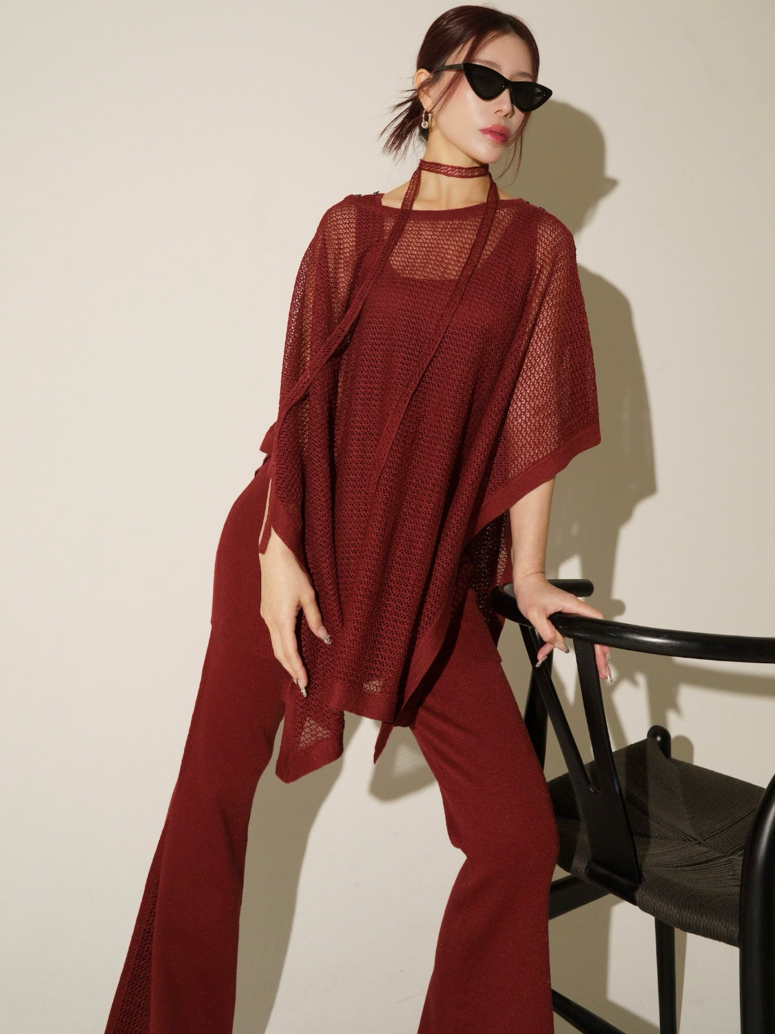 3ピース シアーメッシュ KNIT ポンチョ Set