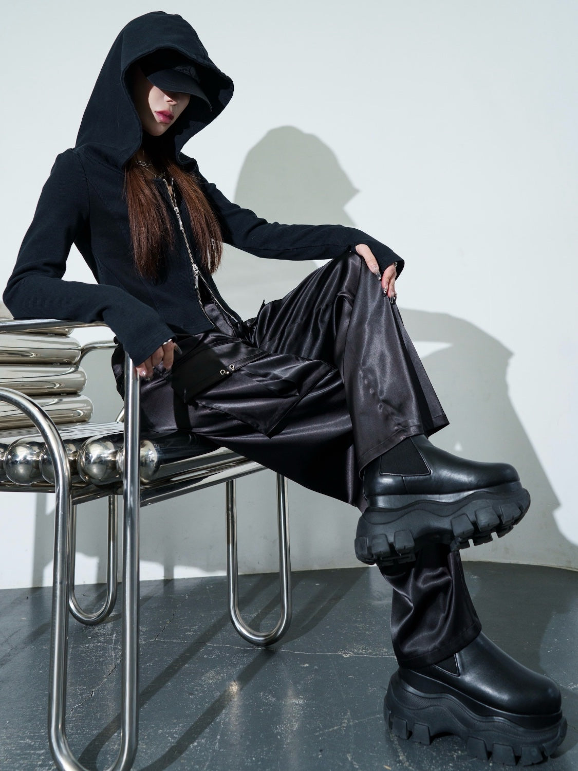 Washed リブ フロントZip フーディー