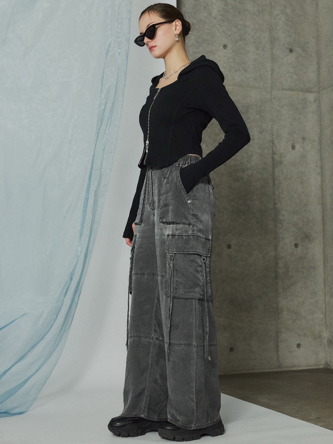 Washed リブ フロントZip フーディー