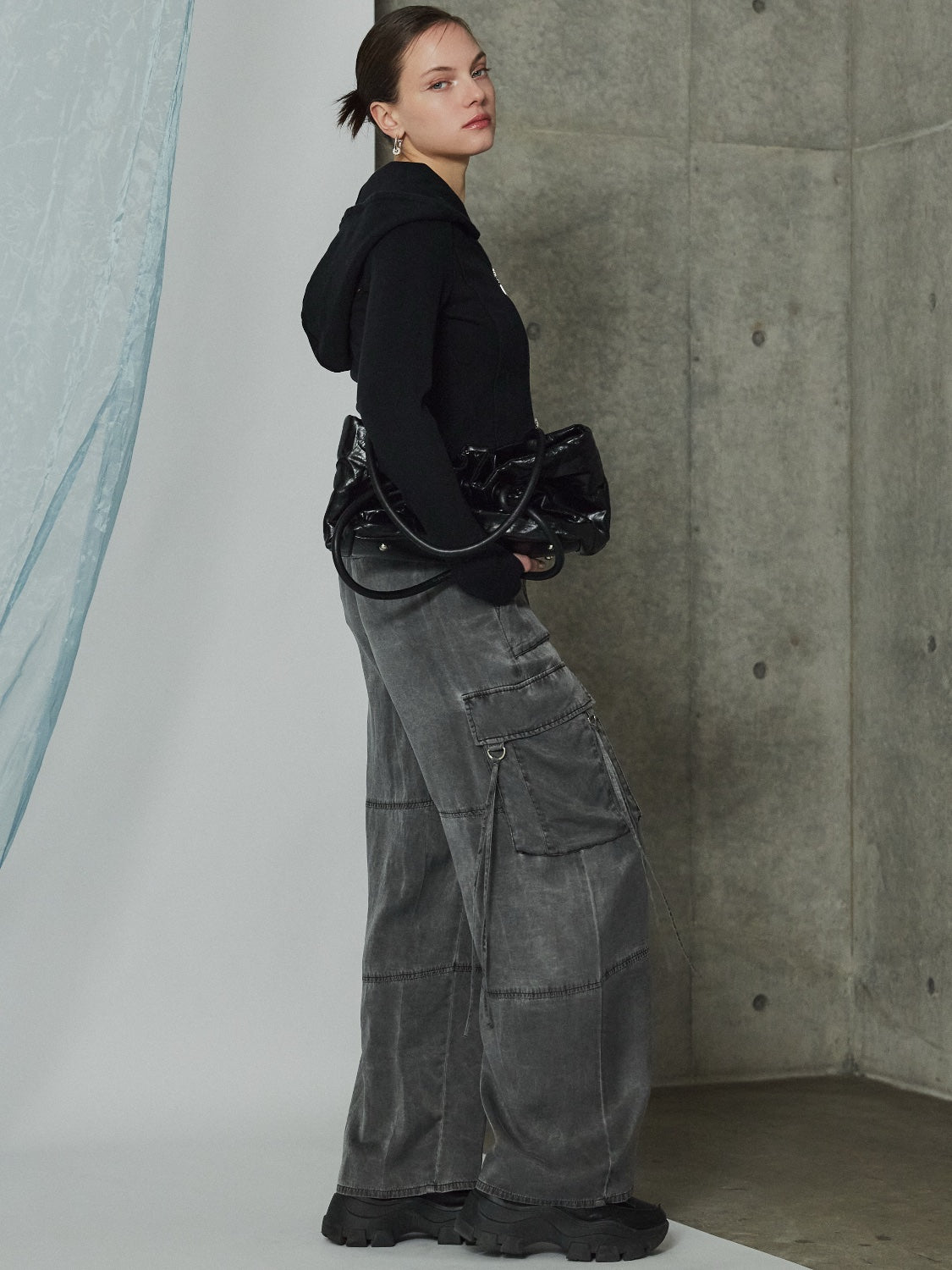 Washed リブ フロントZip フーディー