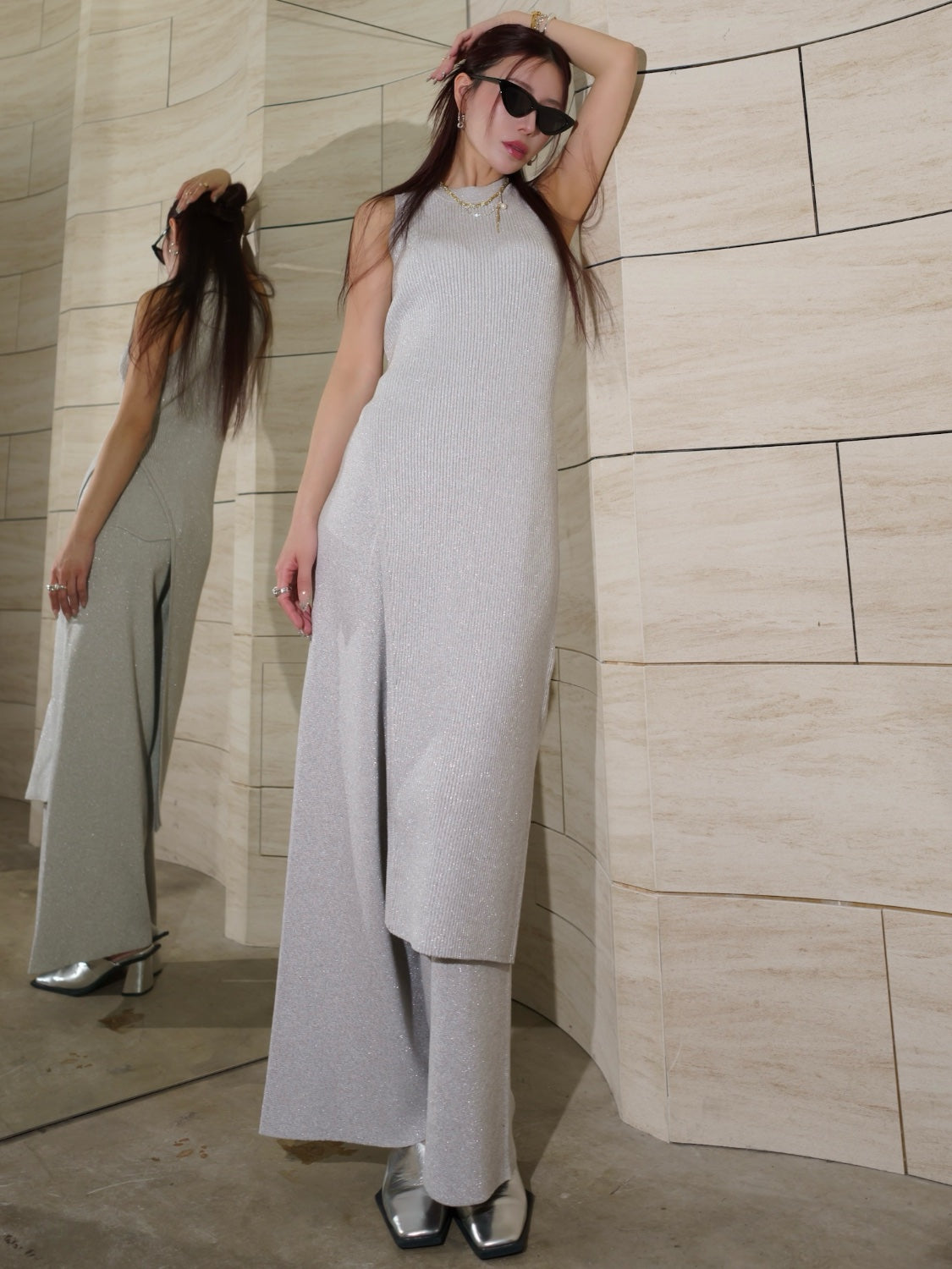 アシンメトリー スリット ラメKNIT セットアップ