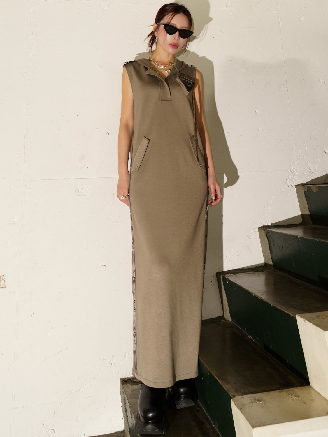 Satin ライン フーディ ーワンピース