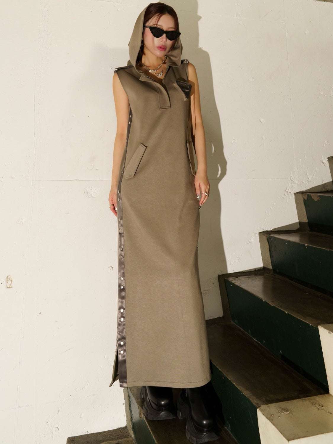 Satin ライン フーディ ーワンピース