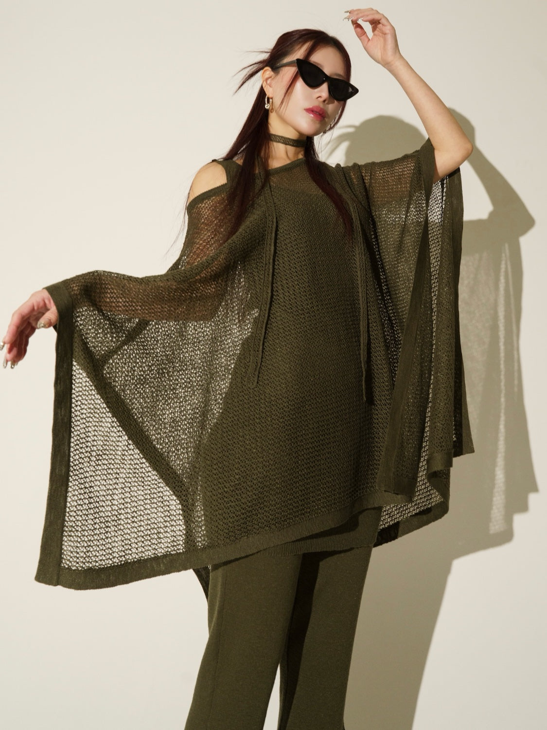 3ピース シアーメッシュ KNIT ポンチョ Set