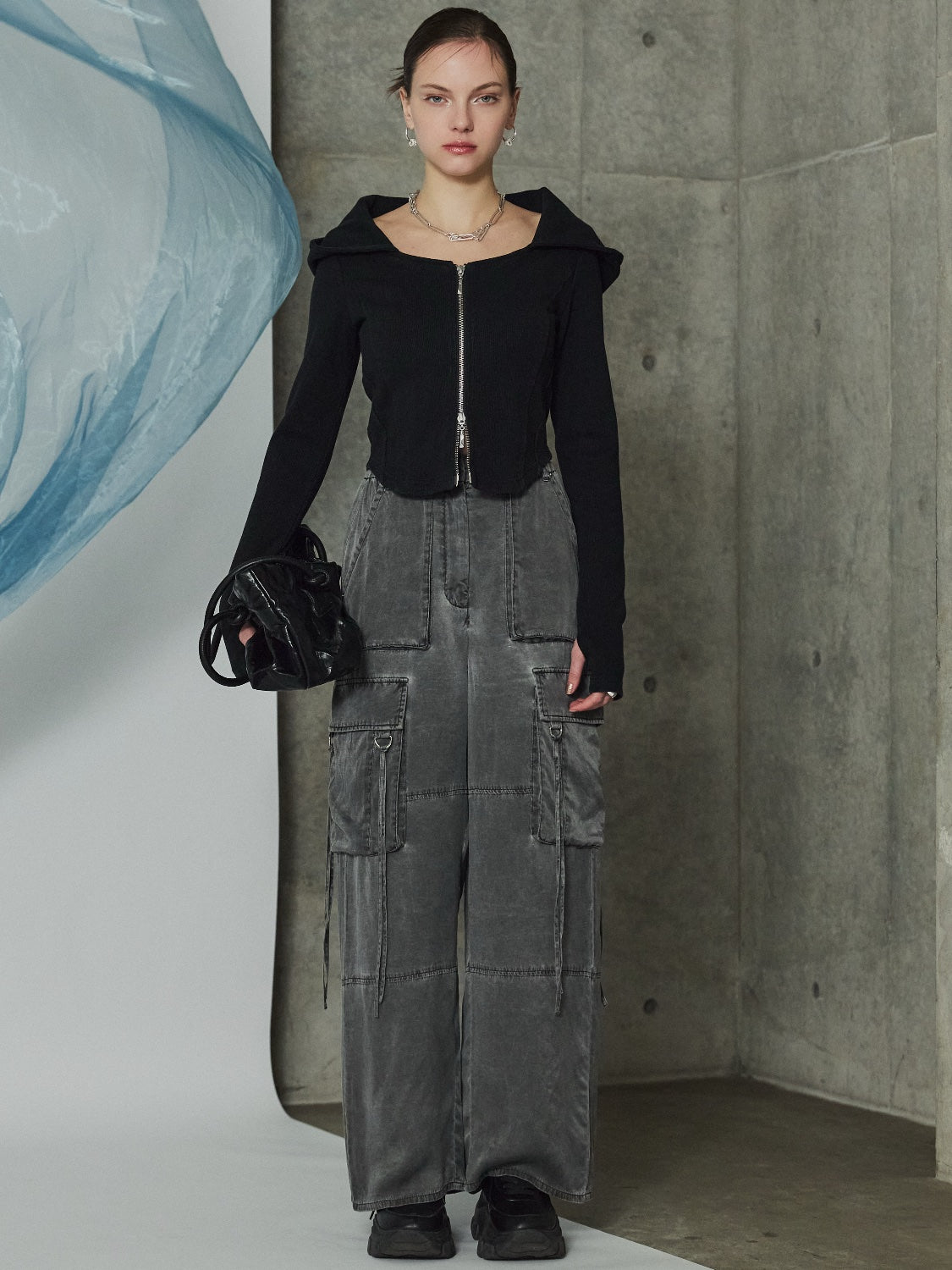 Washed リブ フロントZip フーディー