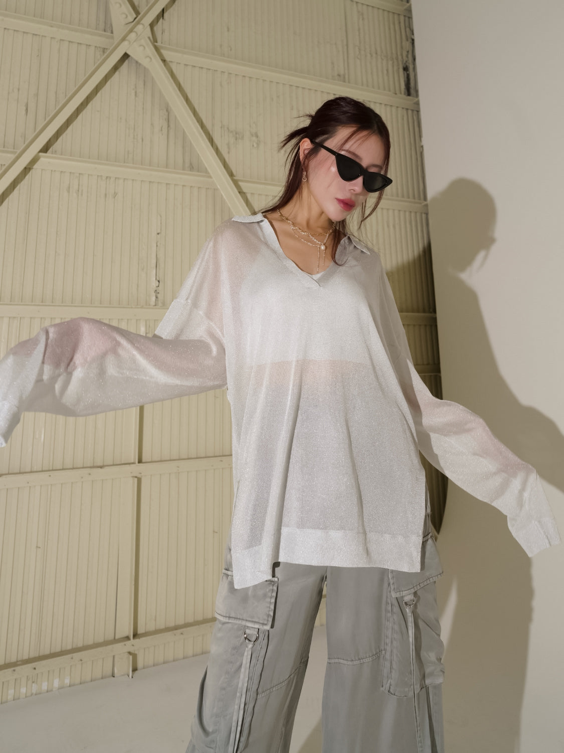 ラメ シアー KNIT スキッパー