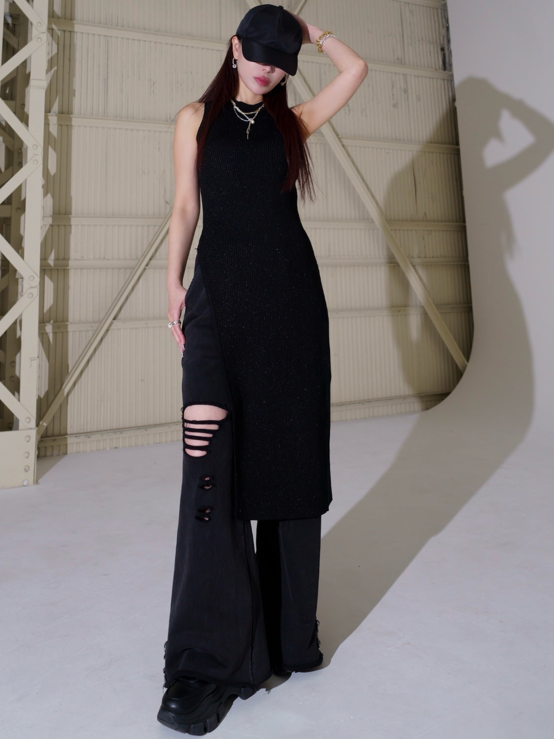 アシンメトリー スリット ラメKNIT セットアップ