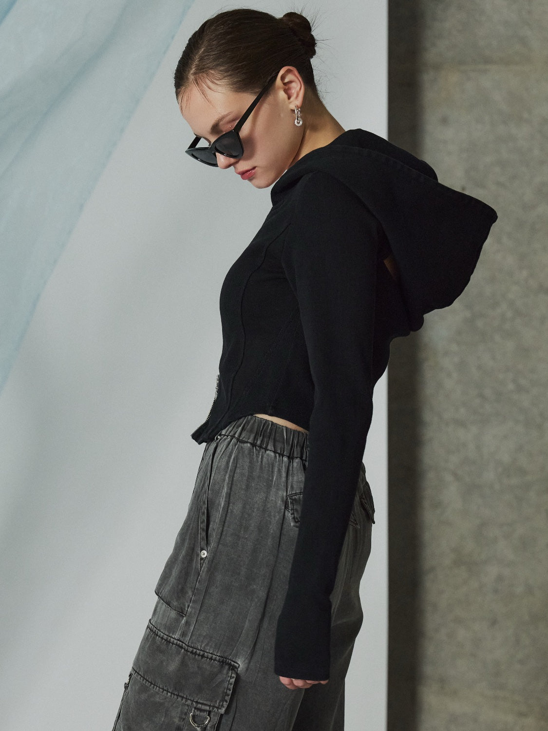 Washed リブ フロントZip フーディー