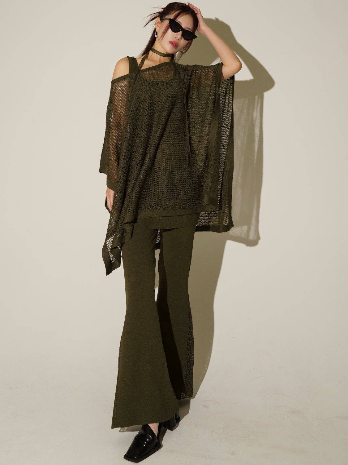 3ピース シアーメッシュ KNIT ポンチョ Set