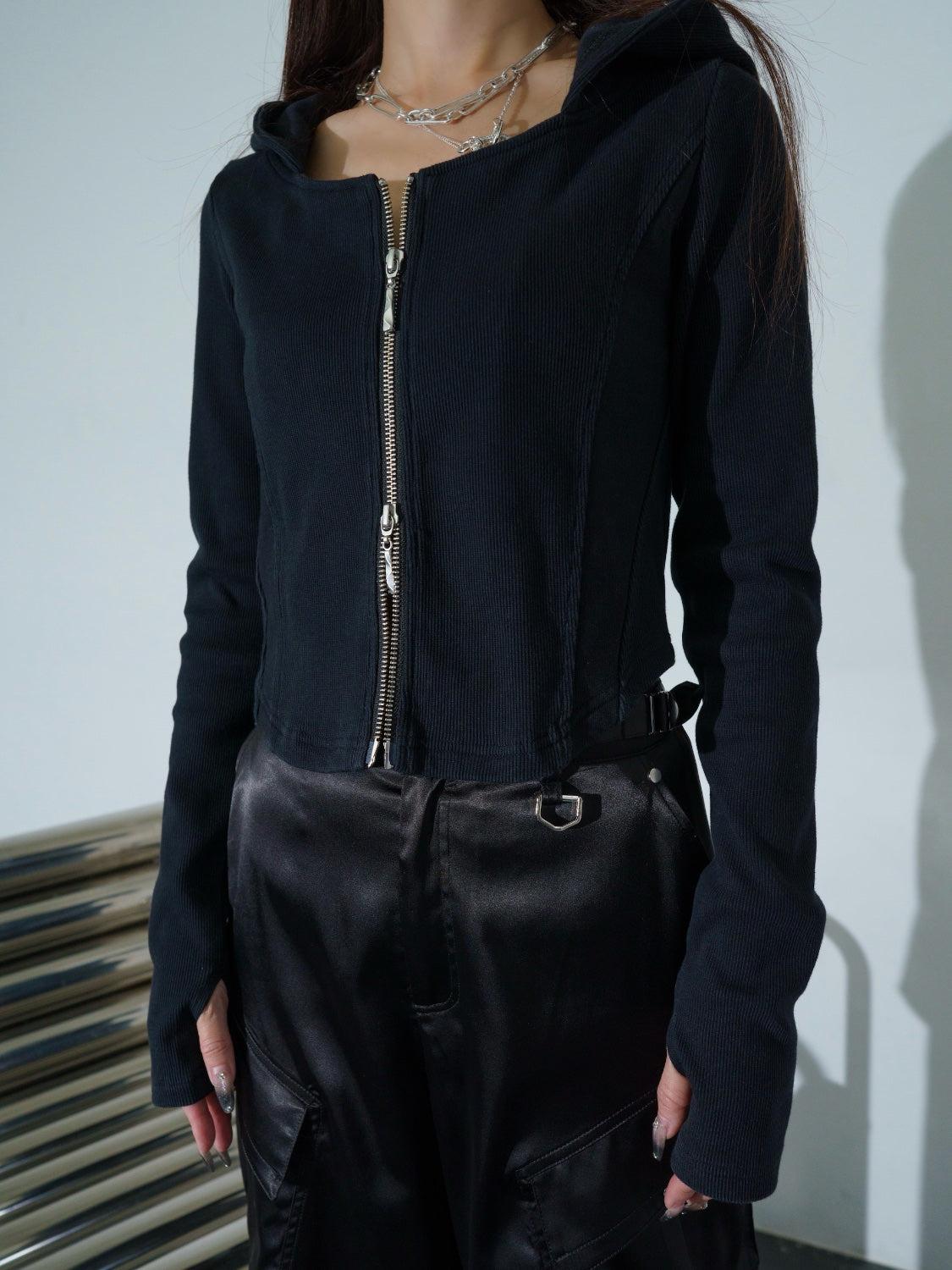 Washed リブ フロントZip フーディー