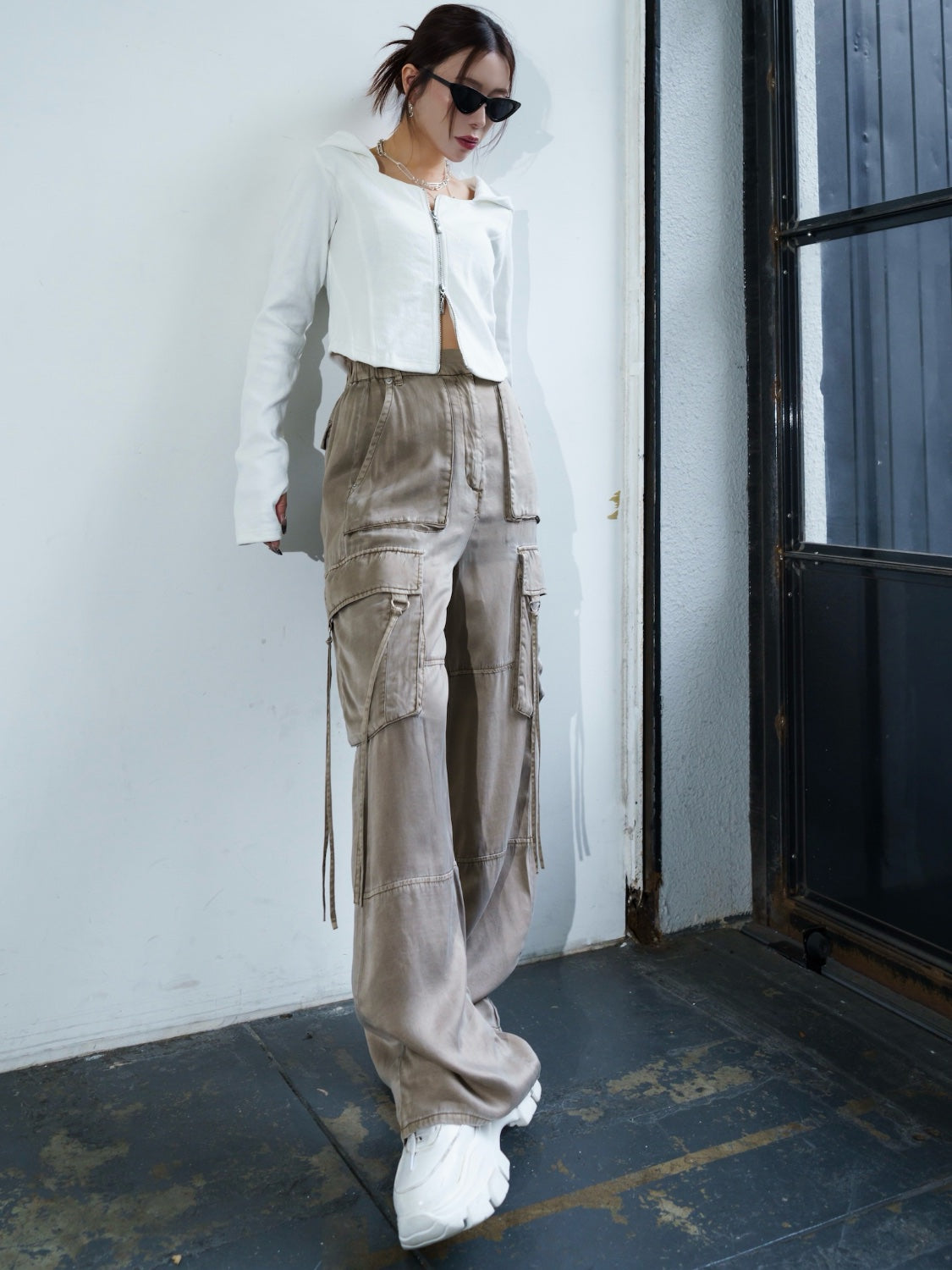 Washed リブ フロントZip フーディー