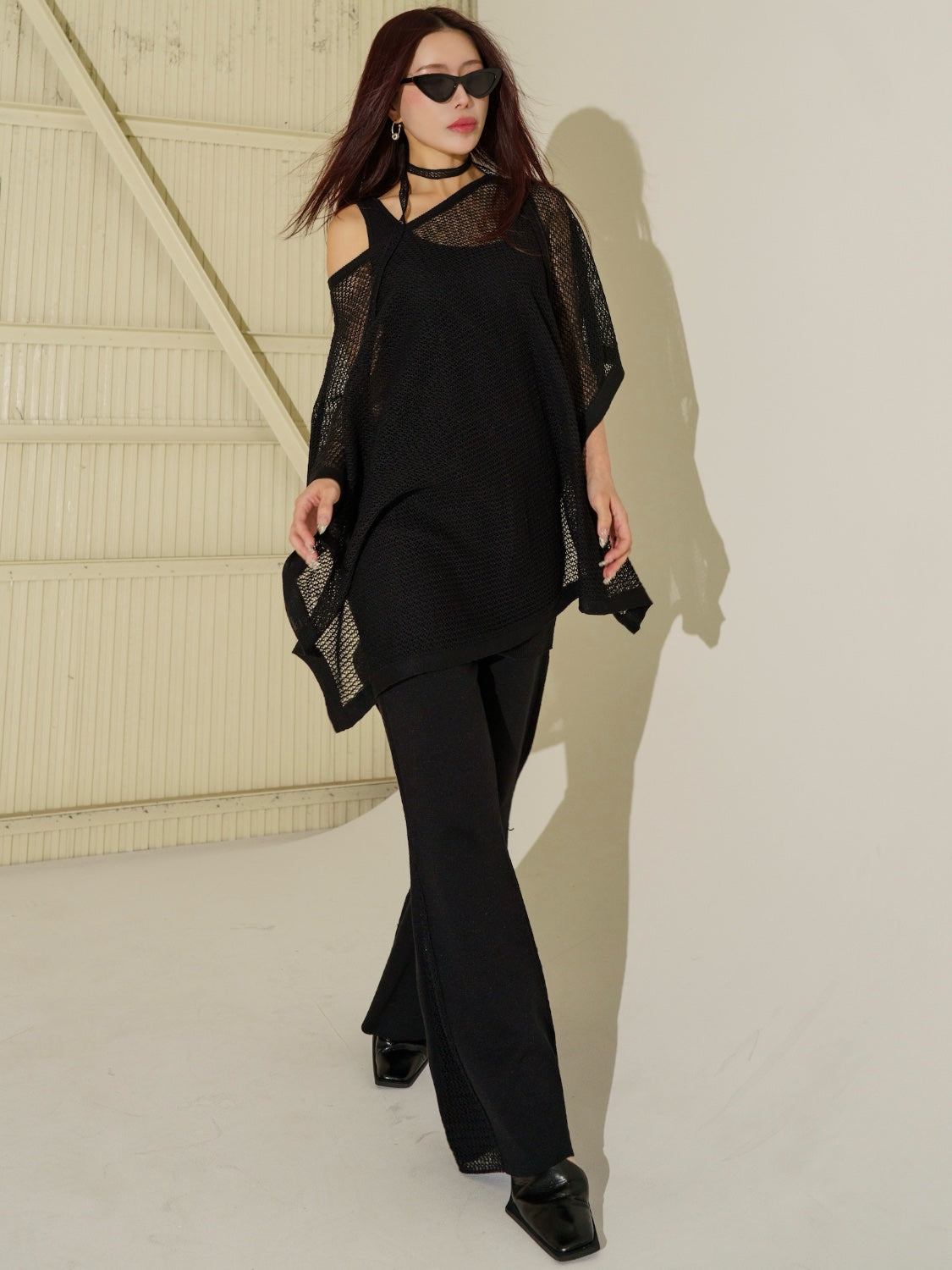 3ピース シアーメッシュ KNIT ポンチョ Set