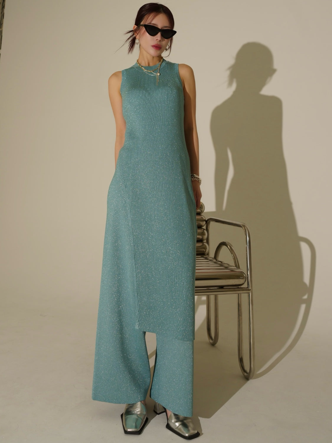 アシンメトリー スリット ラメKNIT セットアップ