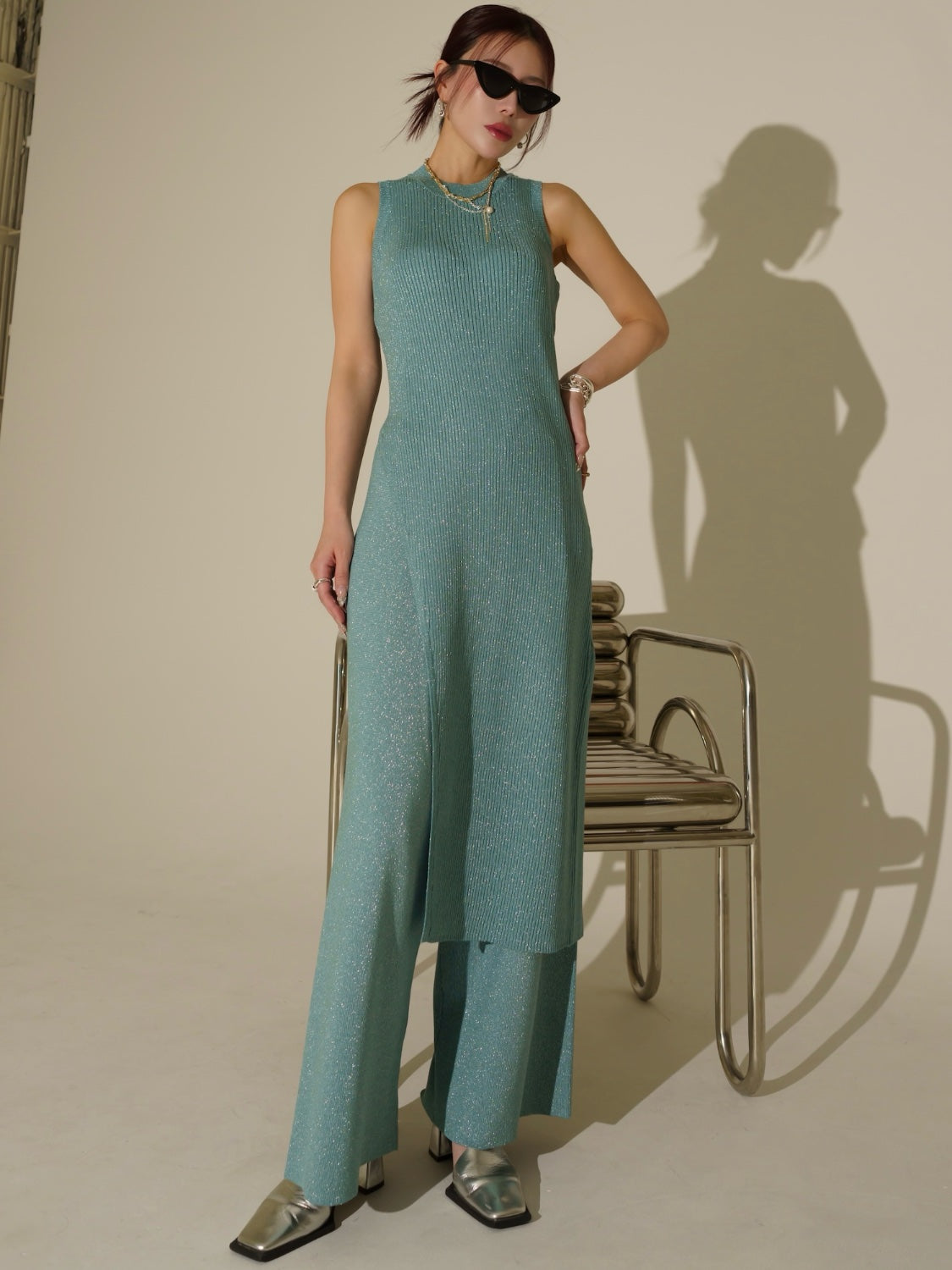 アシンメトリー スリット ラメKNIT セットアップ