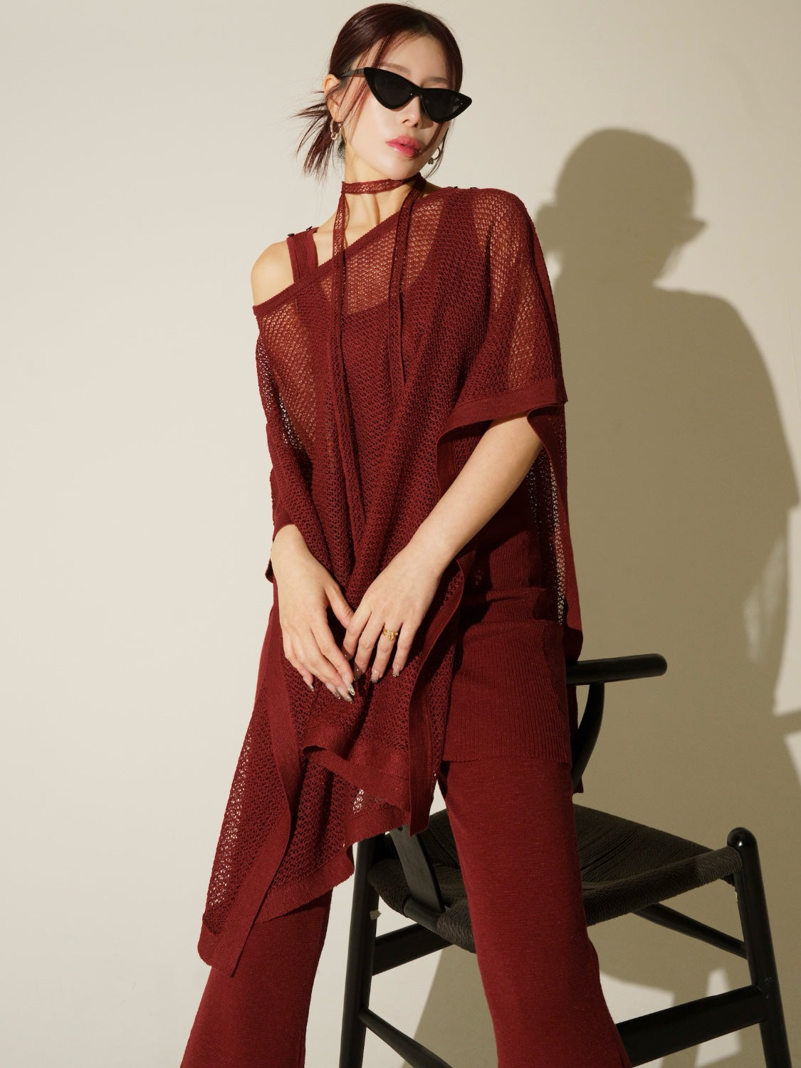 3ピース シアーメッシュ KNIT ポンチョ Set