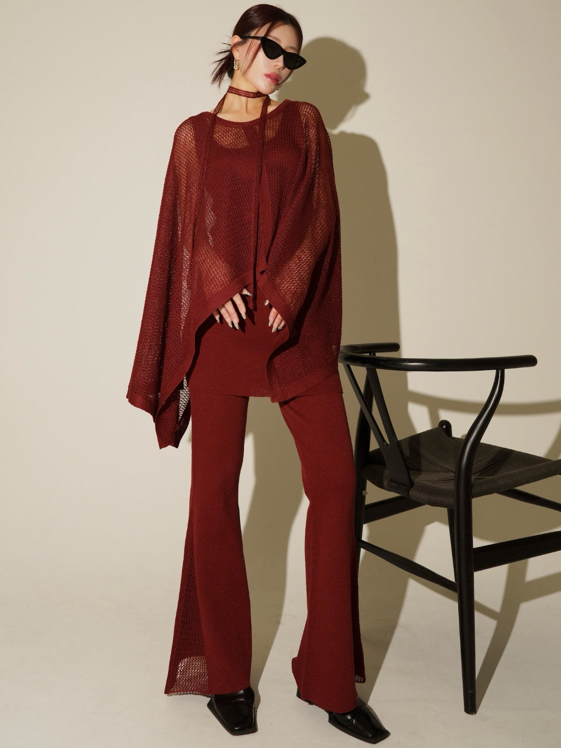 3ピース シアーメッシュ KNIT ポンチョ Set