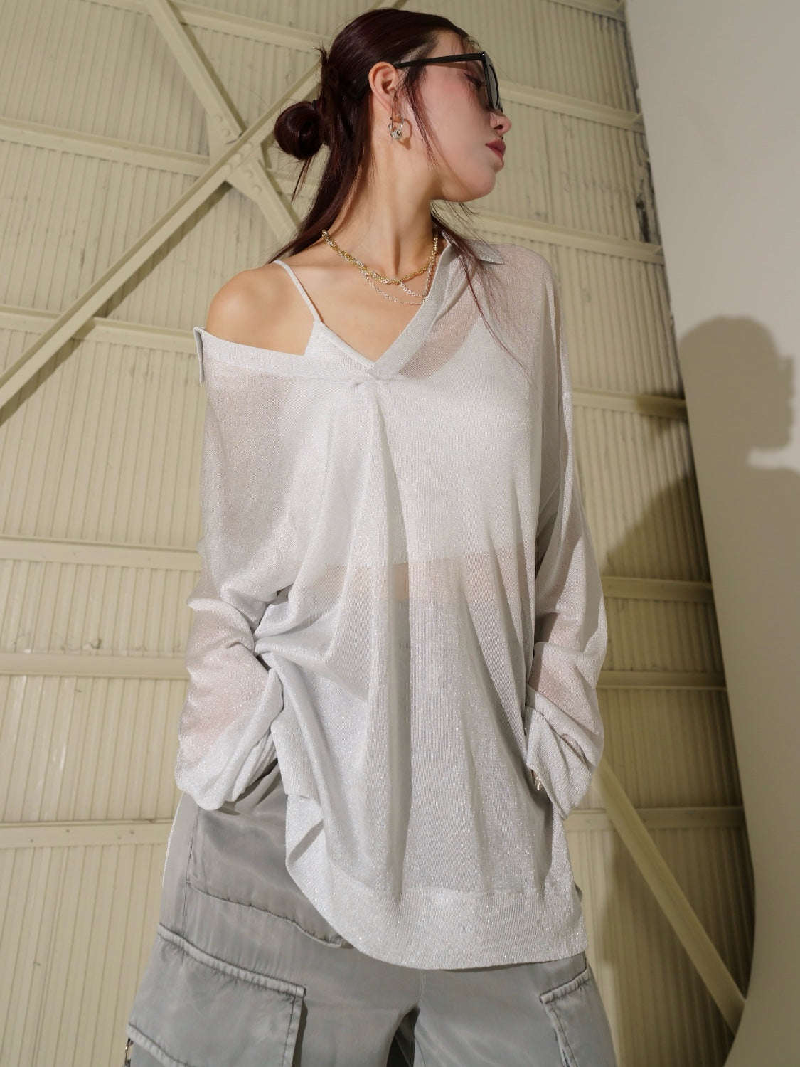 ラメ シアー KNIT スキッパー