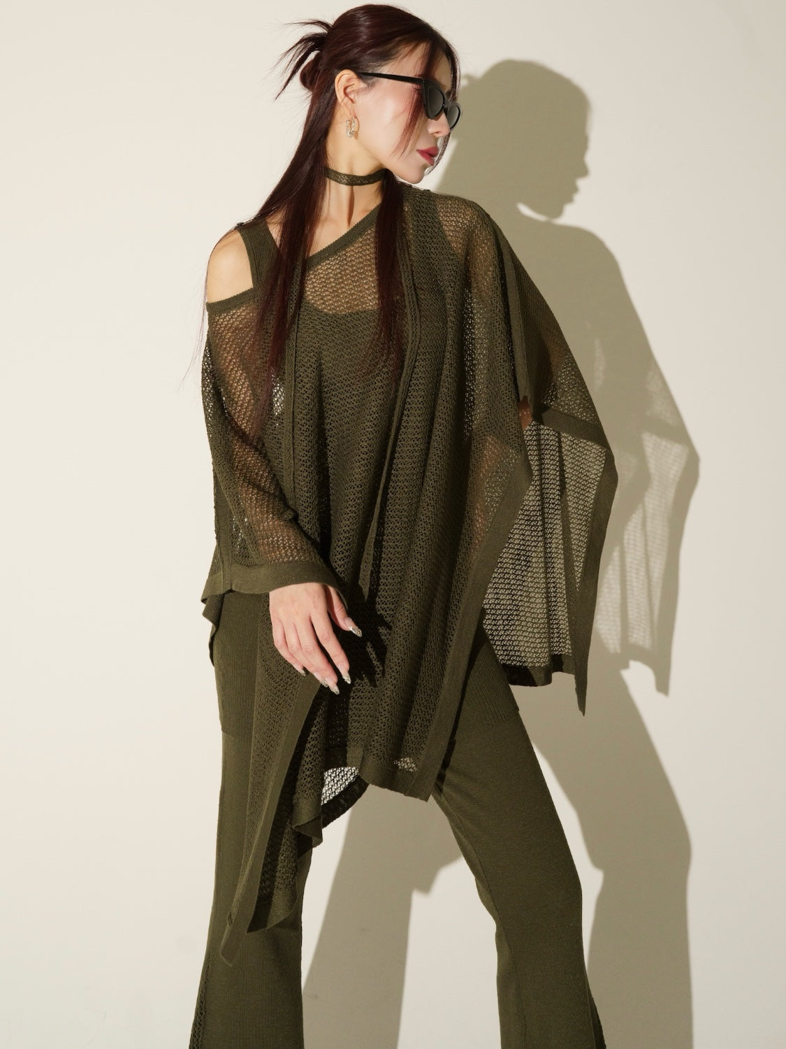 3ピース シアーメッシュ KNIT ポンチョ Set