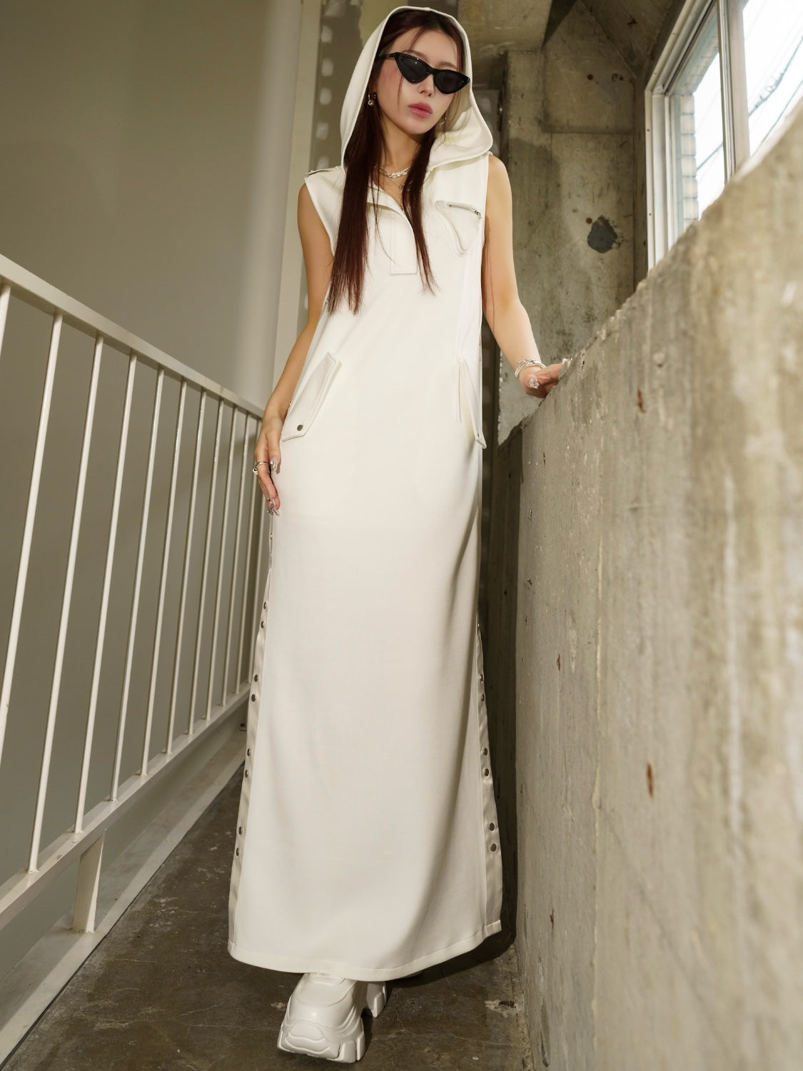 Satin ライン フーディ ーワンピース