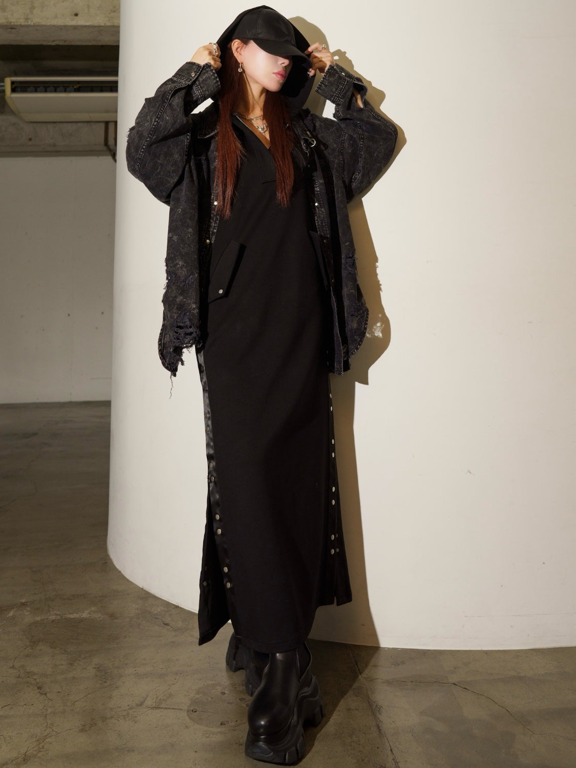 Satin ライン フーディ ーワンピース