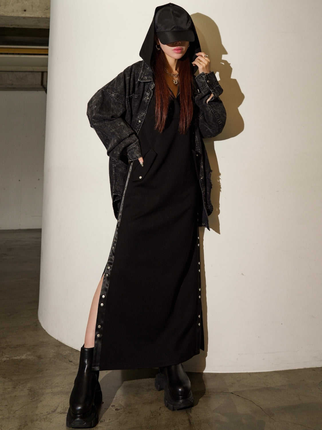 Satin ライン フーディ ーワンピース