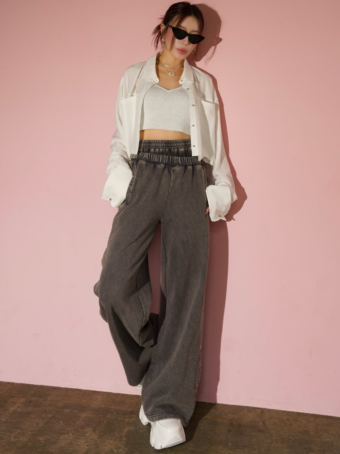 ウエストアシメ サイドボタン Wide スウェットパンツ