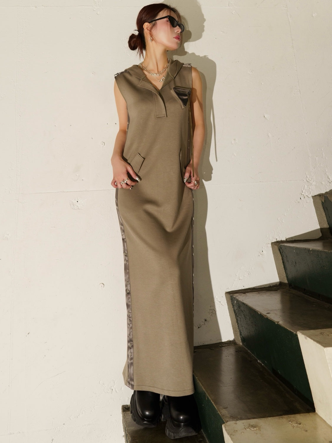 Satin ライン フーディ ーワンピース