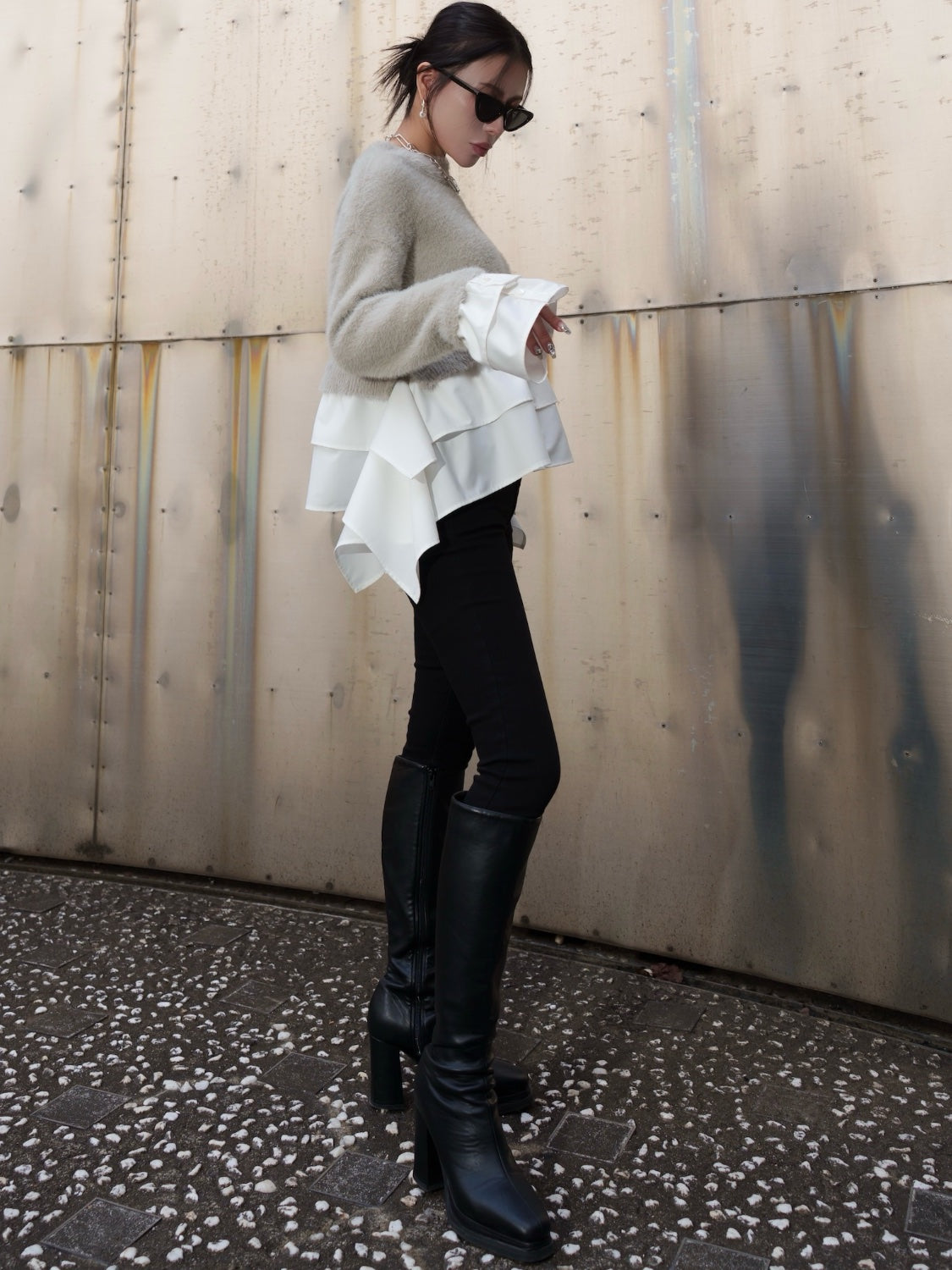 KNIT ドッキング フリルレイヤー ブラウス