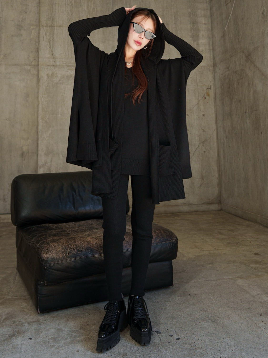 3ピース フーディー ポンチョ KNIT セットアップ