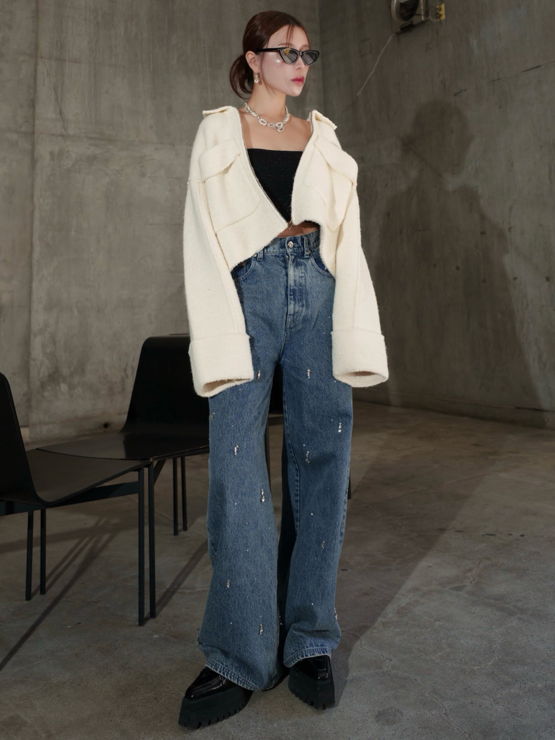 Multi ビジュー ワイド DENIM パンツ