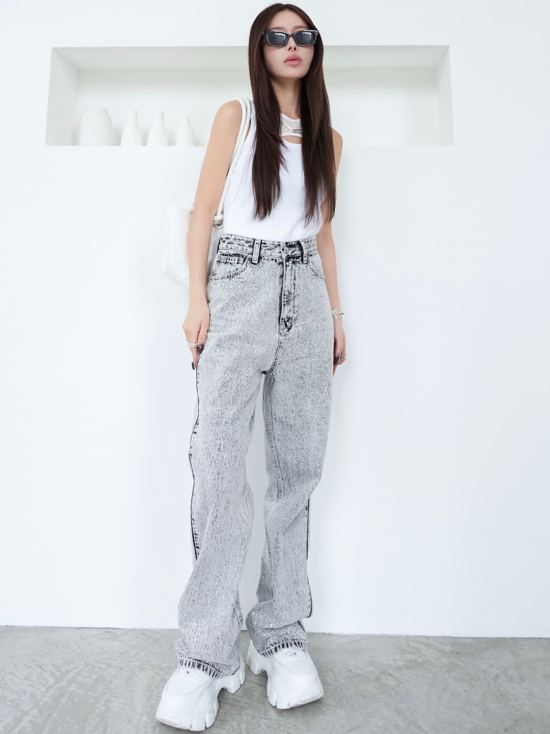 アシンメトリー レイヤー メッシュタンクトップ