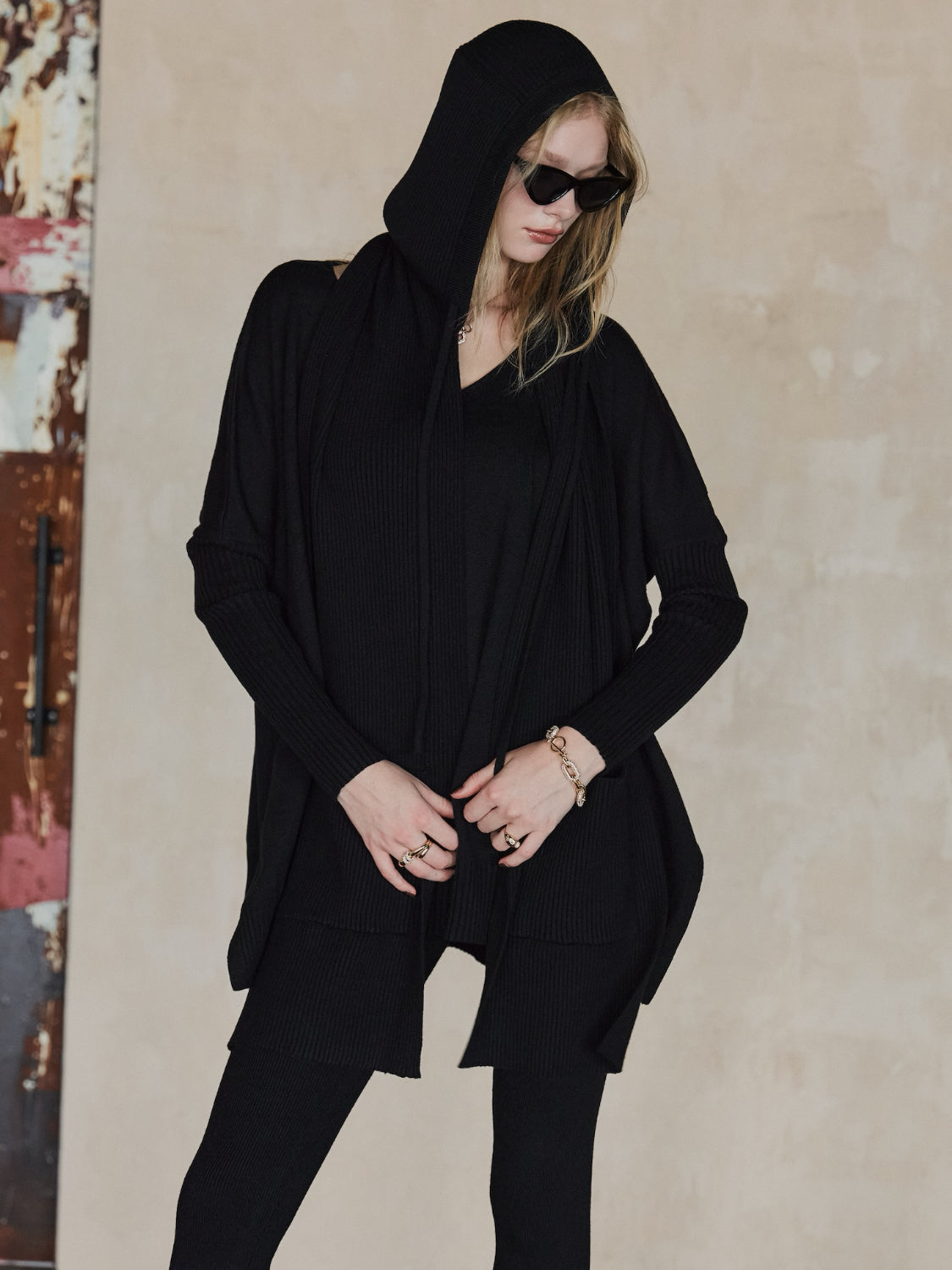 3ピース フーディー ポンチョ KNIT セットアップ