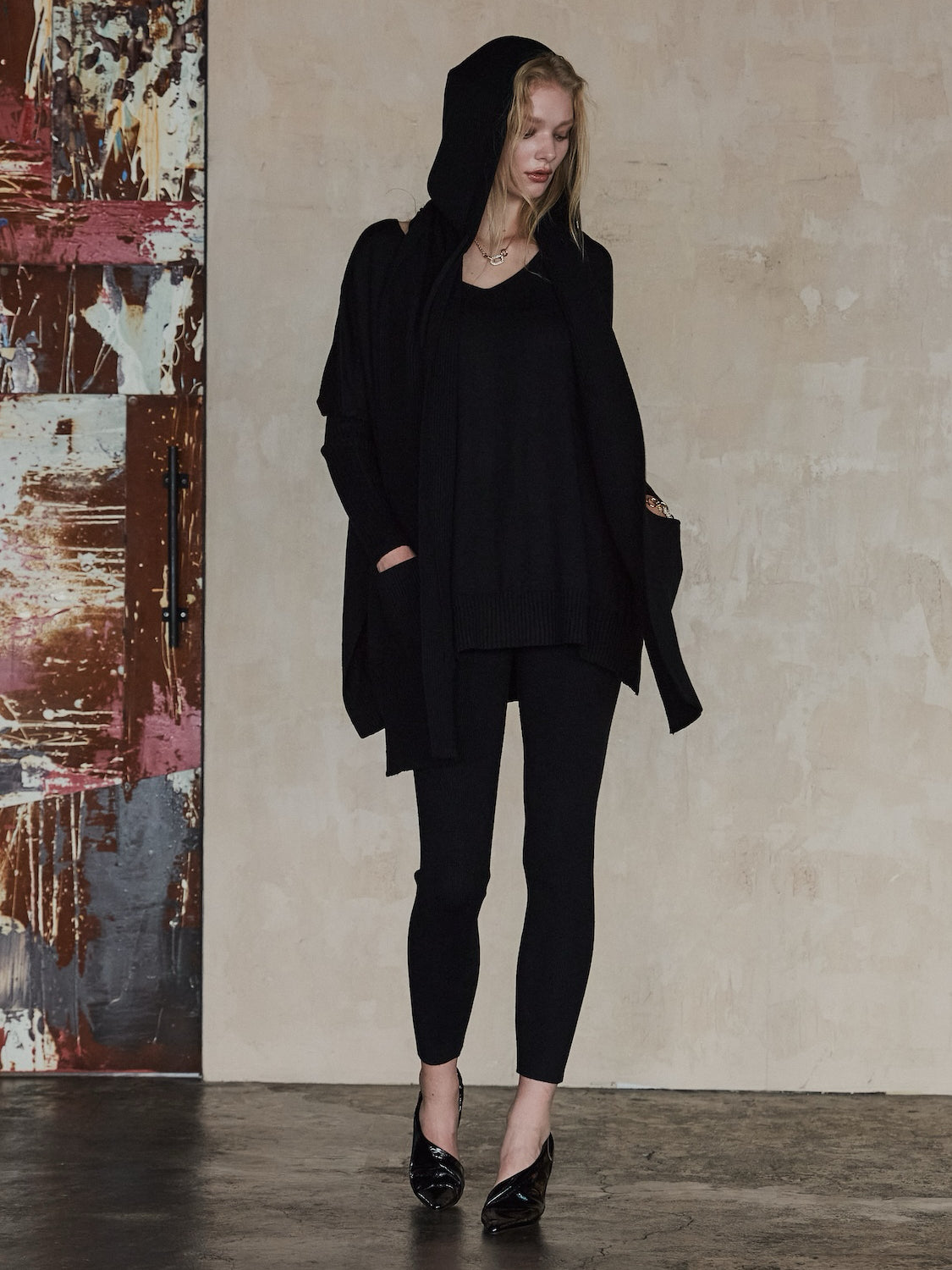 3ピース フーディー ポンチョ KNIT セットアップ
