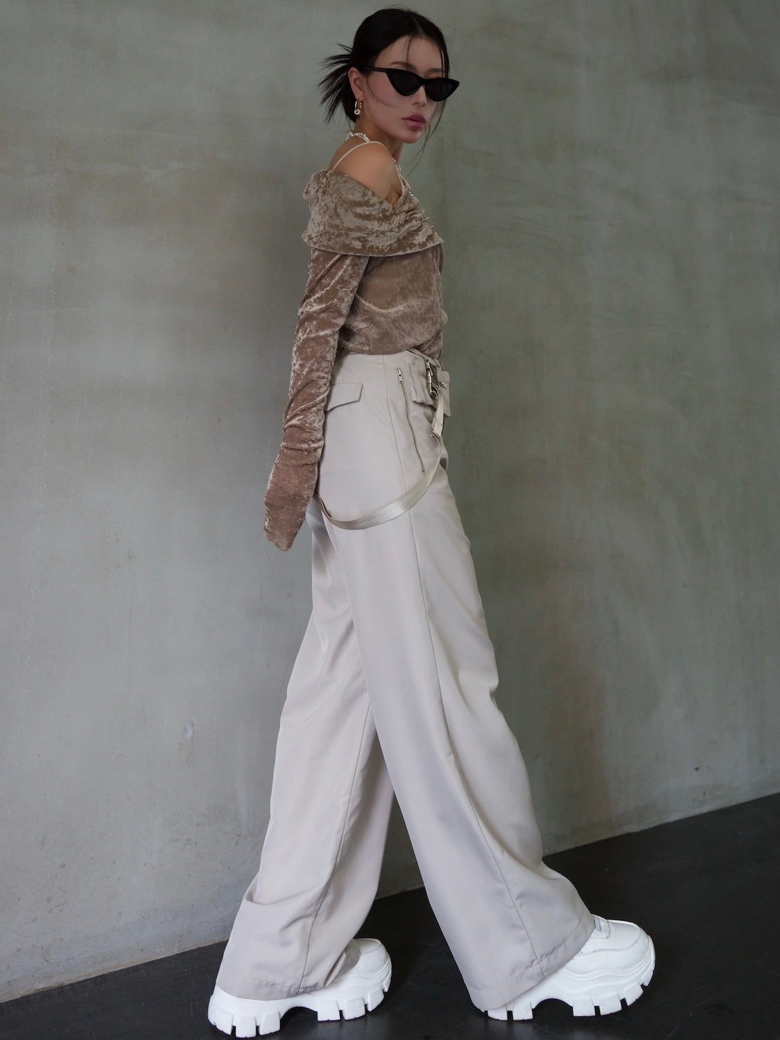 アシンメトリー Sheer ベロアトップス