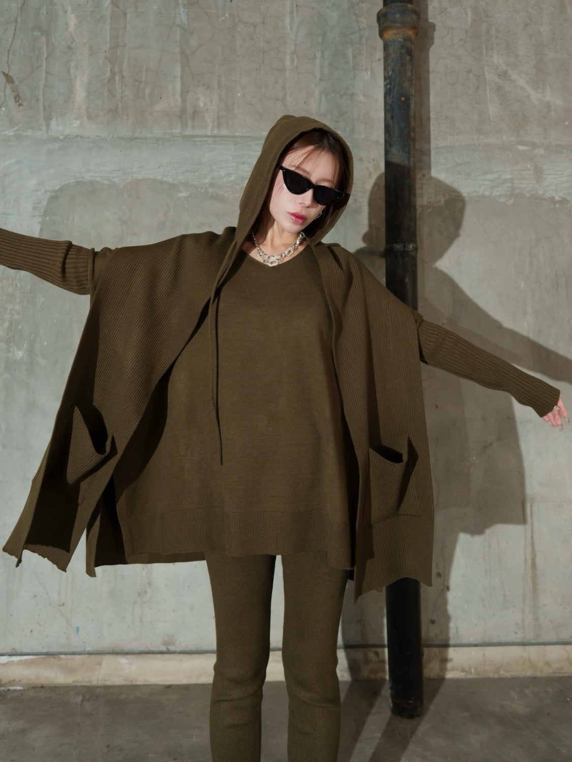 3ピース フーディー ポンチョ KNIT セットアップ