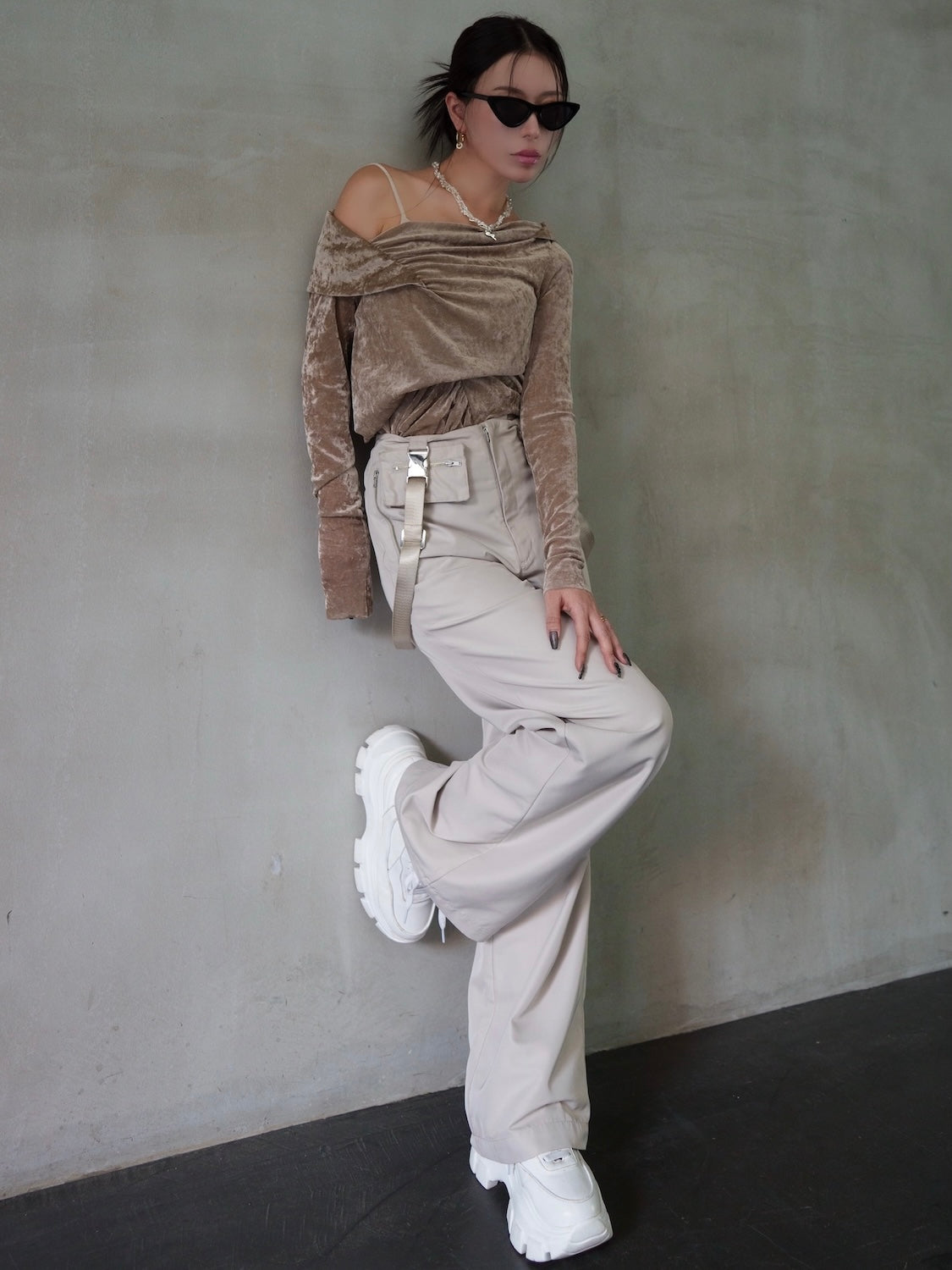 アシンメトリー Sheer ベロアトップス