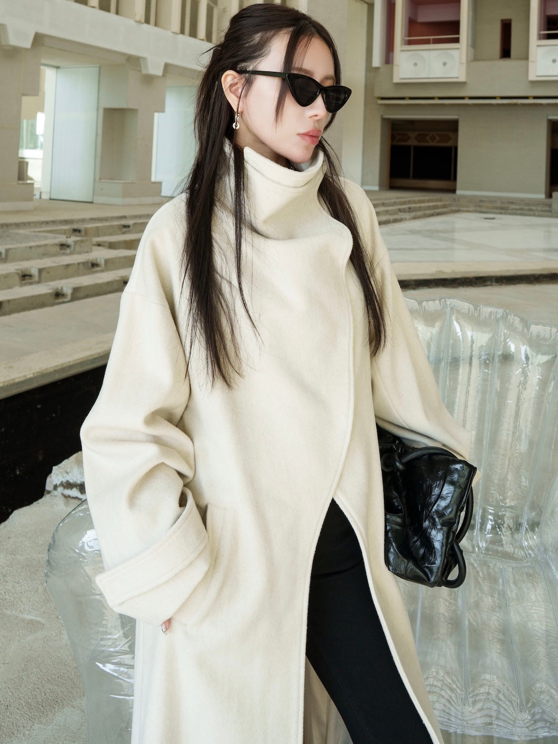 新品タグ付き GlamLips スタンドカラー Wool コート クリーム フロントカット スタンド WOOL コート