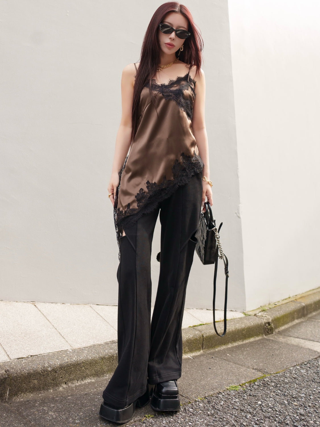 アシンメトリー Satin レースキャミソール