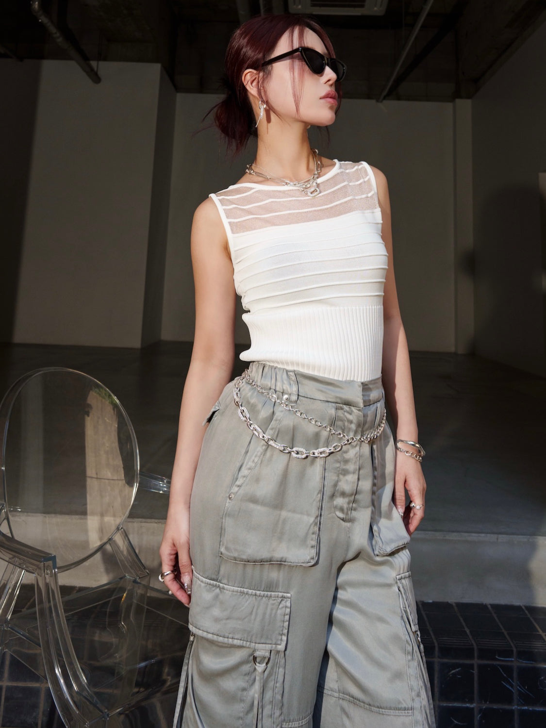 ノースリーブ Rib シアー KNIT トップス