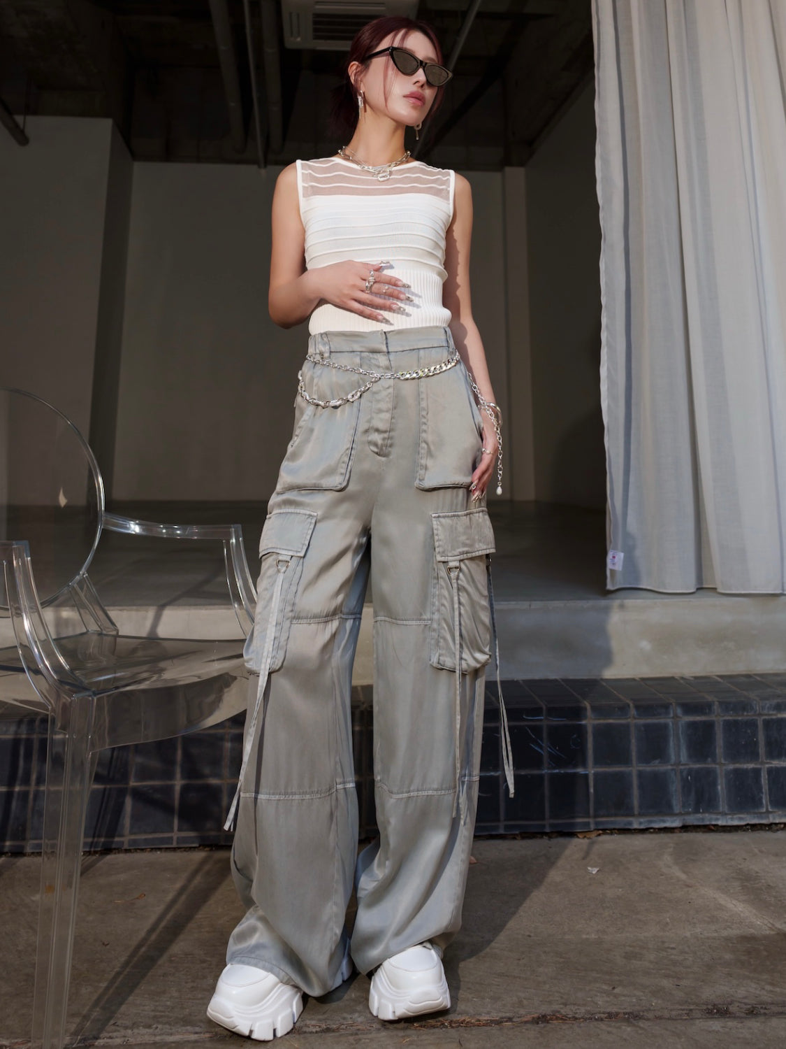 ノースリーブ Rib シアー KNIT トップス
