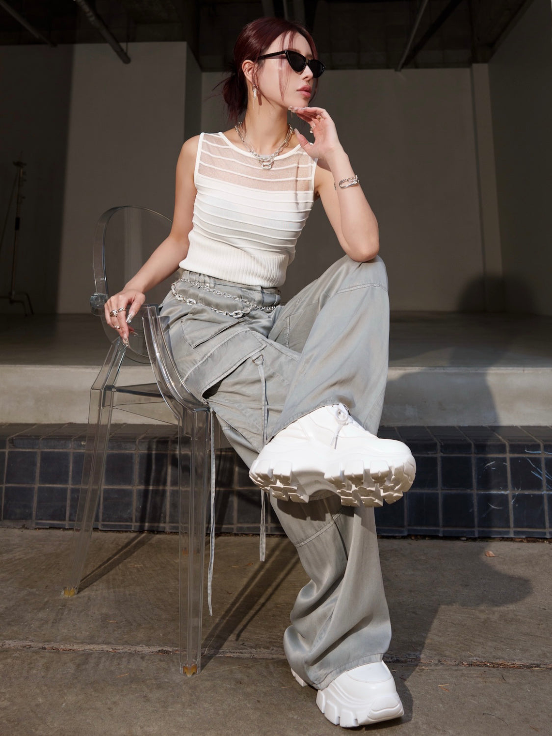 ノースリーブ Rib シアー KNIT トップス