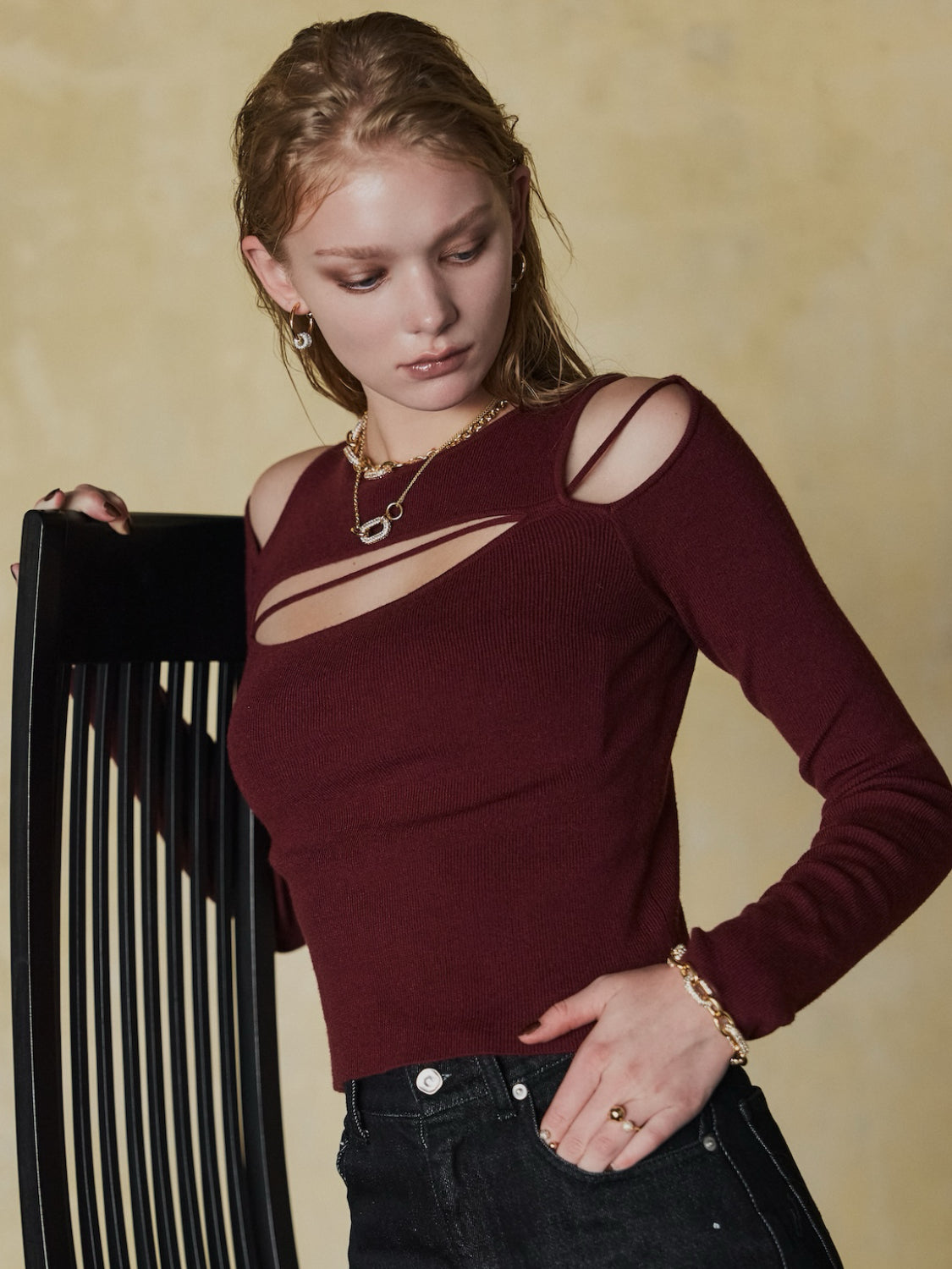 カット ストラップ KNIT ロングスリーブ