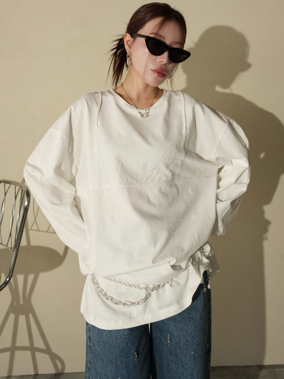 Washed レースビスチェ ロング Tシャツ