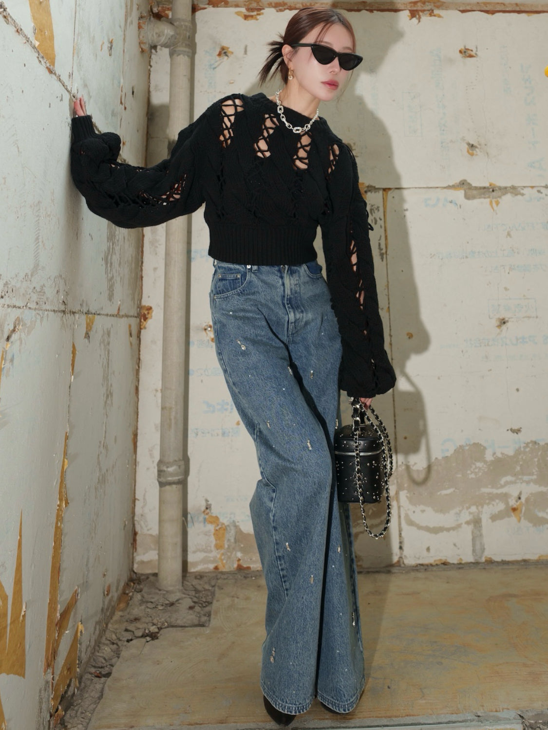 Multi ビジュー ワイド DENIM パンツ