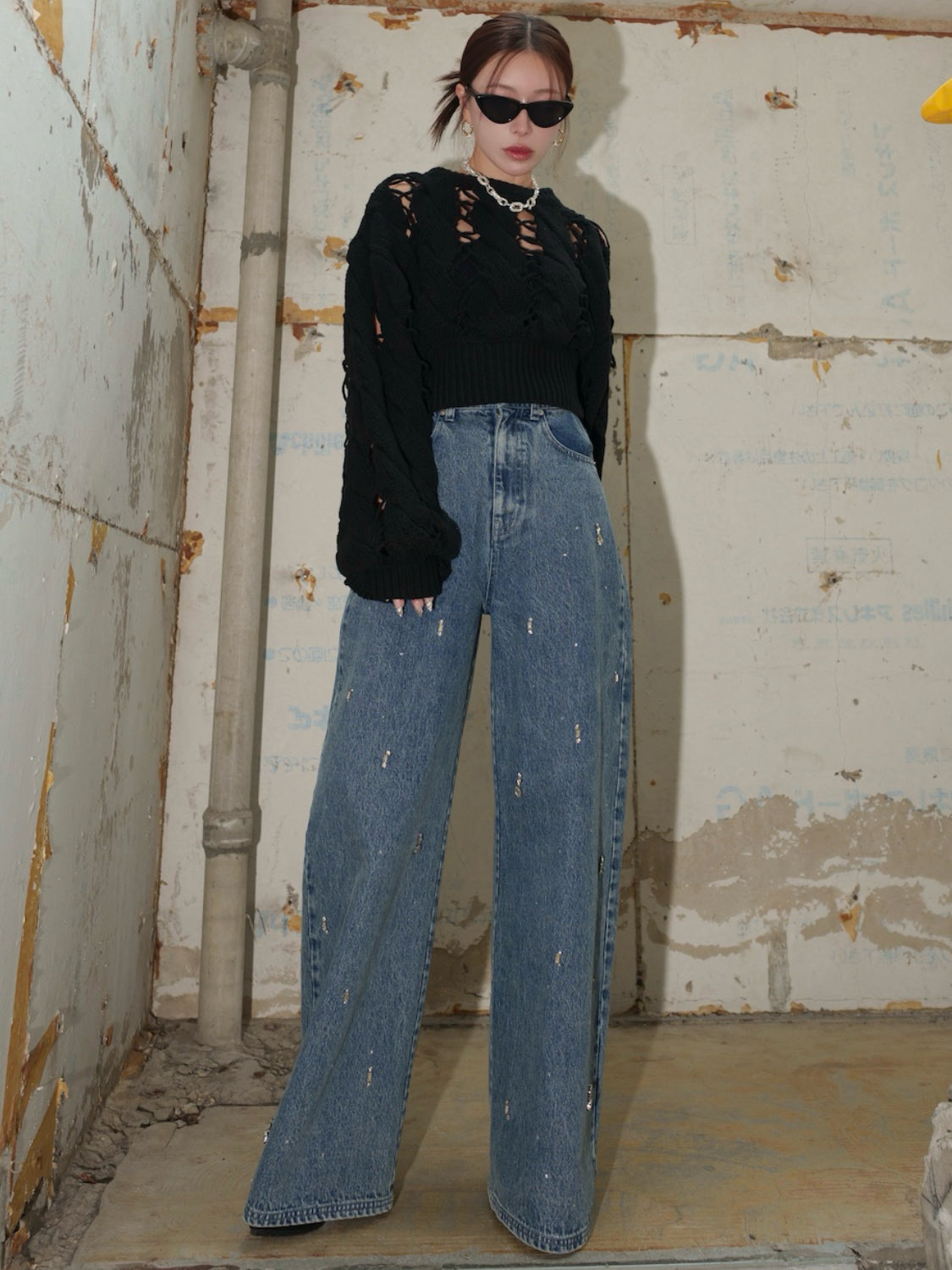 Multi ビジュー ワイド DENIM パンツ