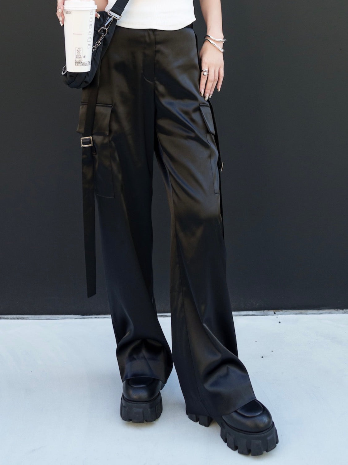 サイドベルト サテン Wide-pants