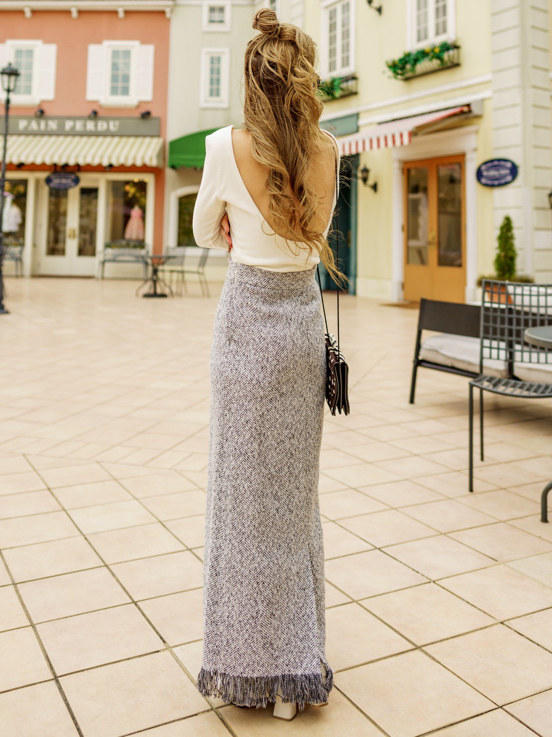 Tweed Hem Fringe Back Slit Straight Long Skirt